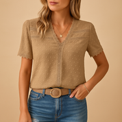 Lydia Hawthorne | Women's Swiss Dot V-Neck Lace Trim Blouse