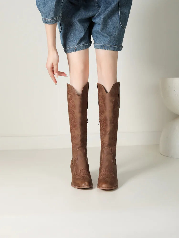 Juliana Stone | Khaki Knee-High Western Boots