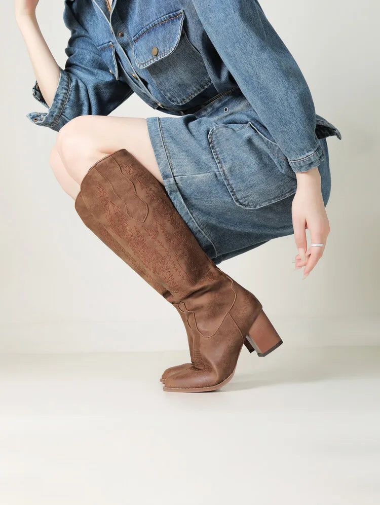 Juliana Stone | Khaki Knee-High Western Boots