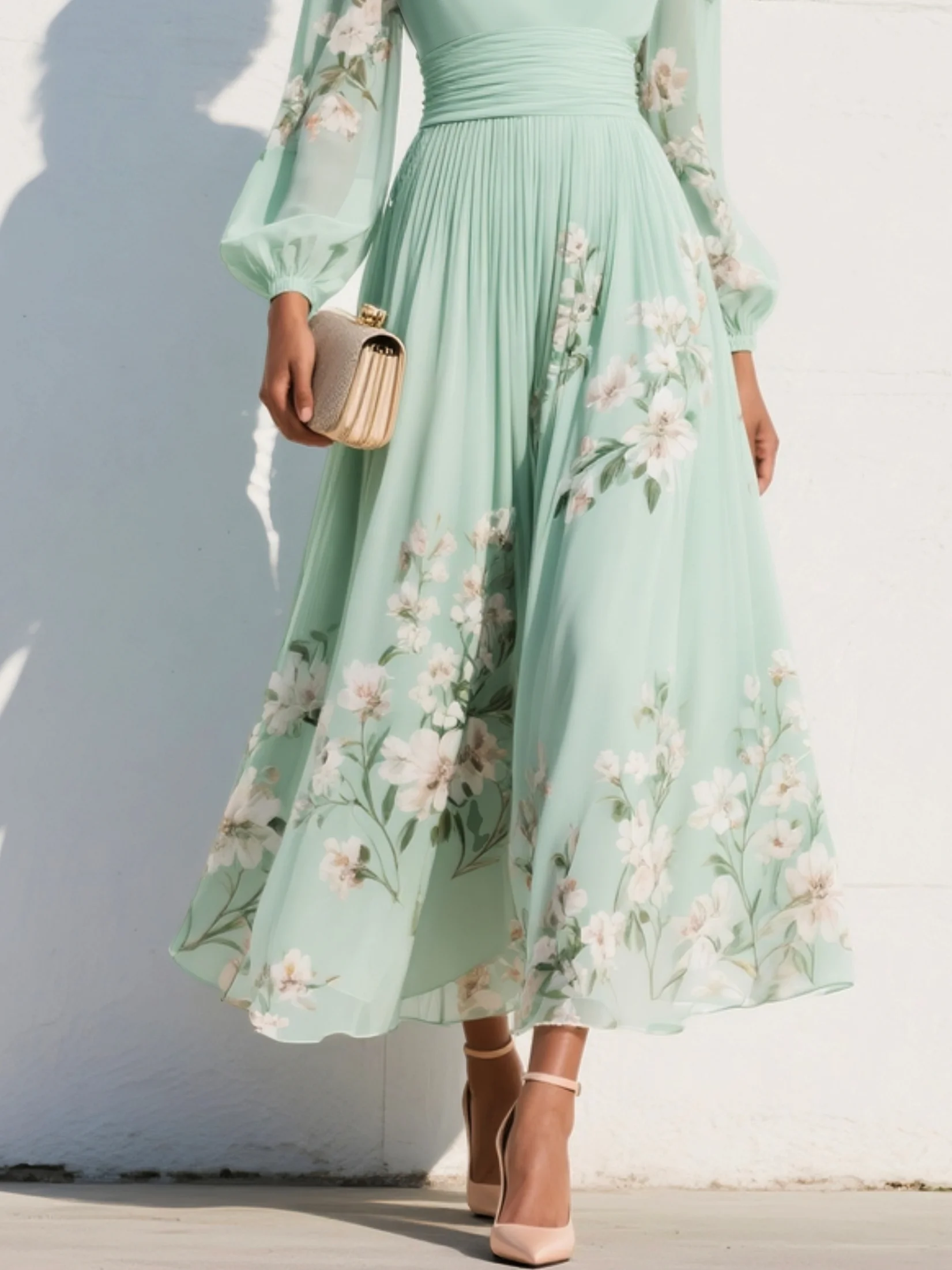 Nicola Clarke | V-Neck Chiffon Floral Midi Dress in Sage