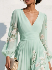 Nicola Clarke | V-Neck Chiffon Floral Midi Dress in Sage