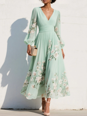 Nicola Clarke | V-Neck Chiffon Floral Midi Dress in Sage