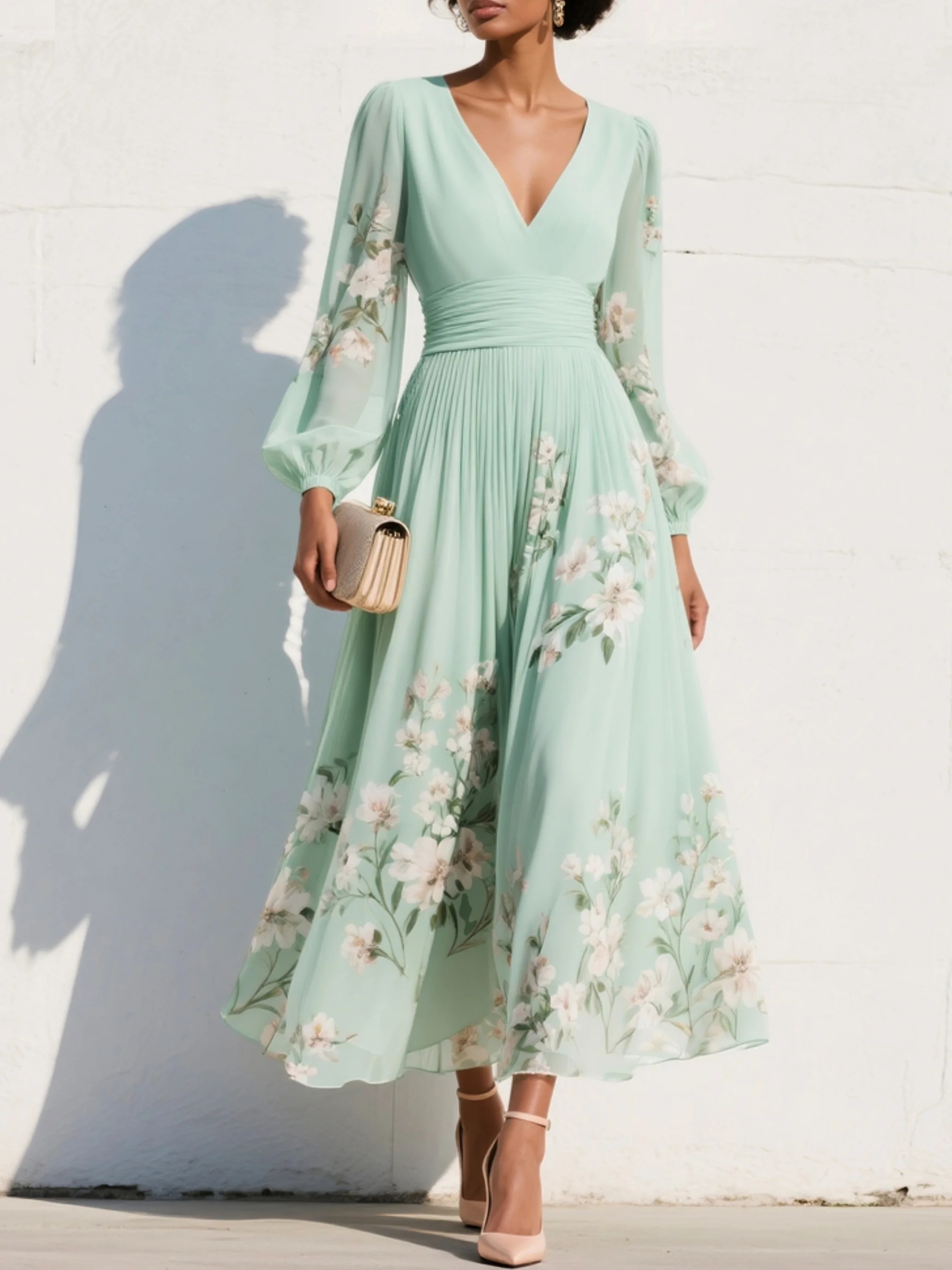 Nicola Clarke | V-Neck Chiffon Floral Midi Dress in Sage