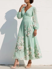 Nicola Clarke | V-Neck Chiffon Floral Midi Dress in Sage