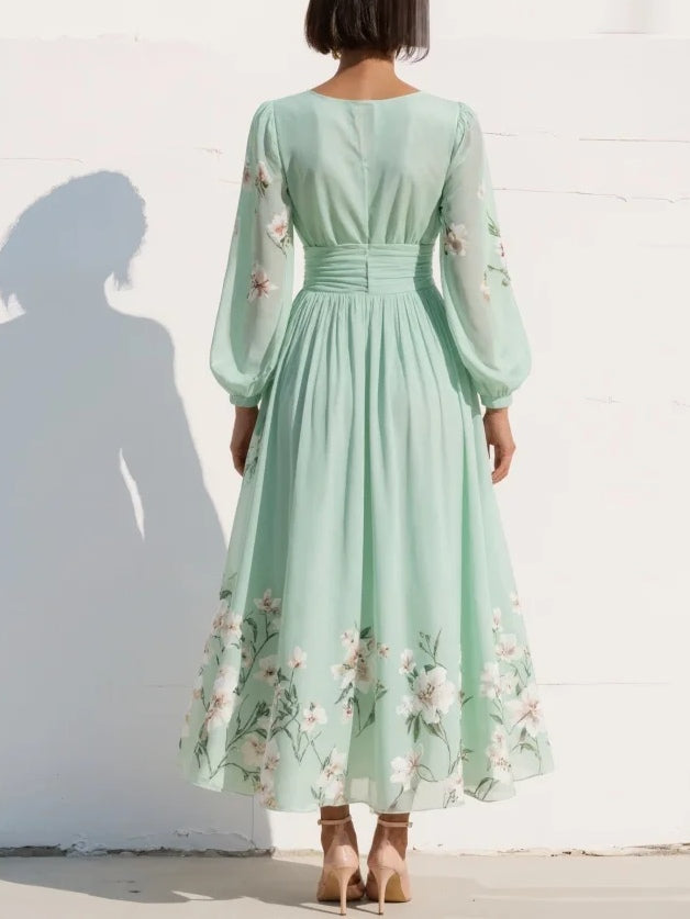 Nicola Clarke | V-Neck Chiffon Floral Midi Dress in Sage