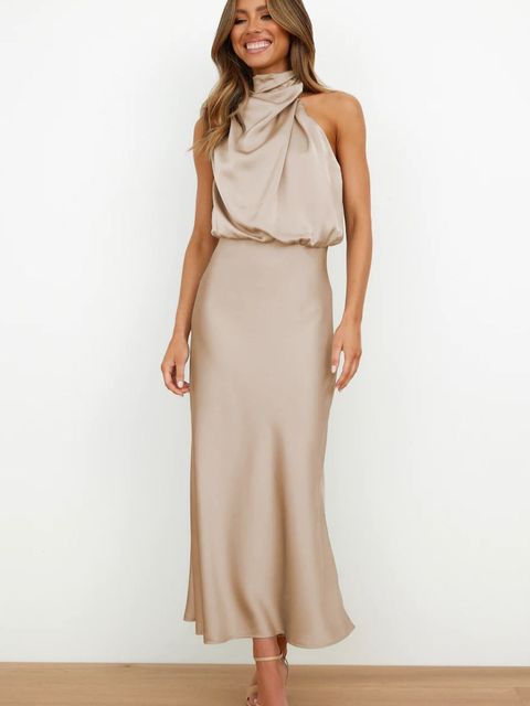 Selene Leclair | Halter Neck Satin Maxi Dress