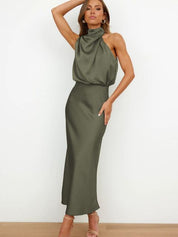 Selene Leclair | Halter Neck Satin Maxi Dress