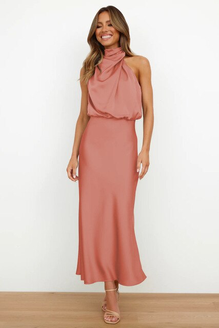 Selene Leclair | Halter Neck Satin Maxi Dress