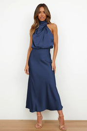 Selene Leclair | Halter Neck Satin Maxi Dress