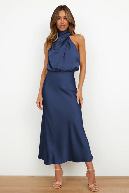 Selene Leclair | Halter Neck Satin Maxi Dress
