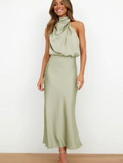 Selene Leclair | Halter Neck Satin Maxi Dress