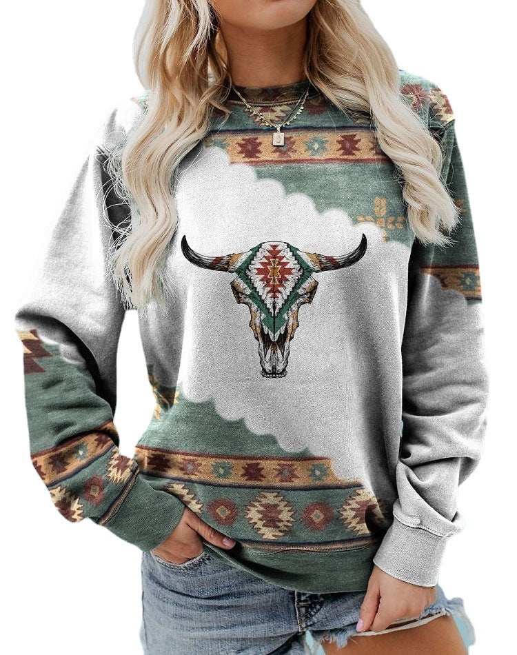 Freya Baker | Aztec Bull Skull Print Crew Neck Sweatshirt