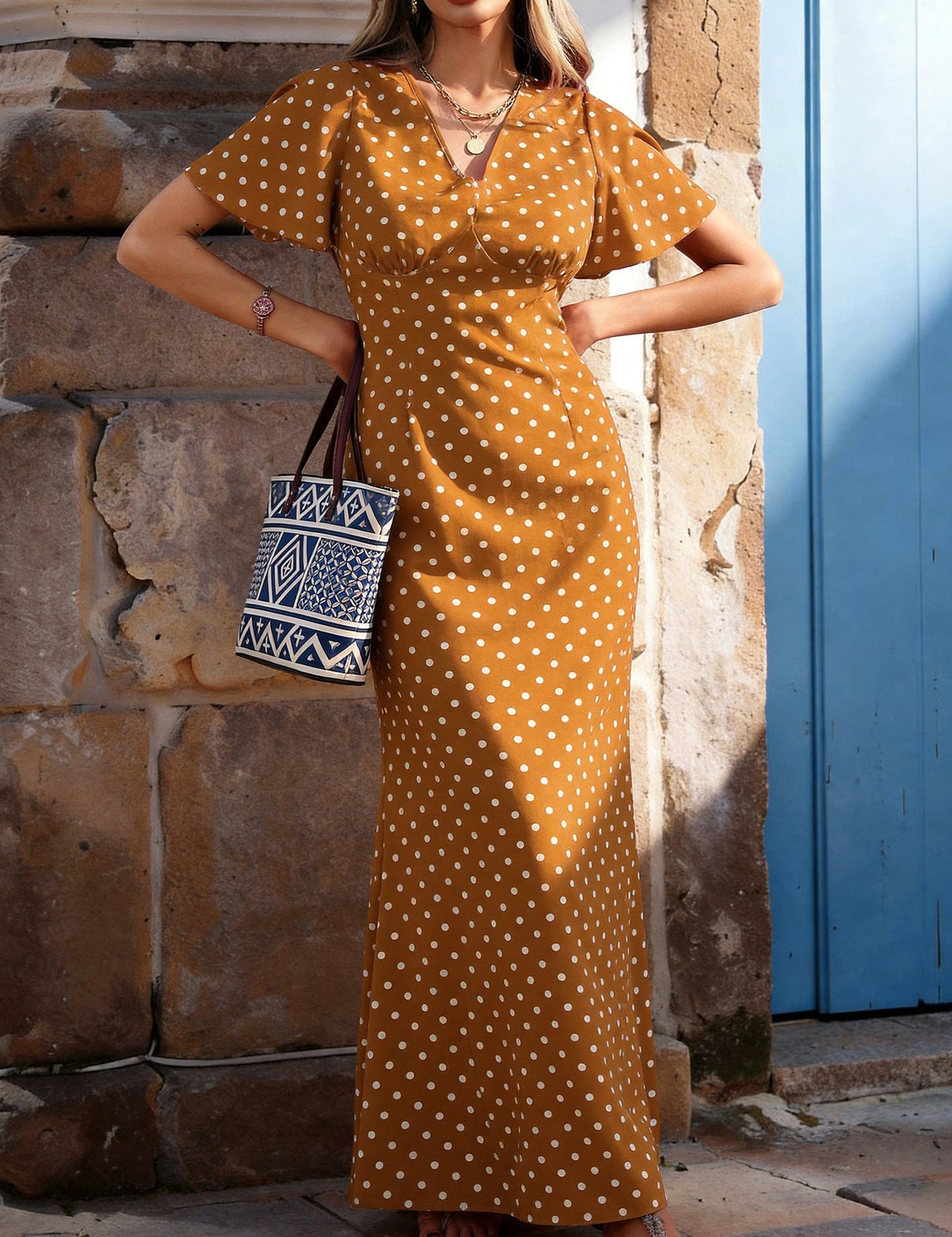 Emmeline Barclay | Polka-Dot V-Neck Maxi Dress