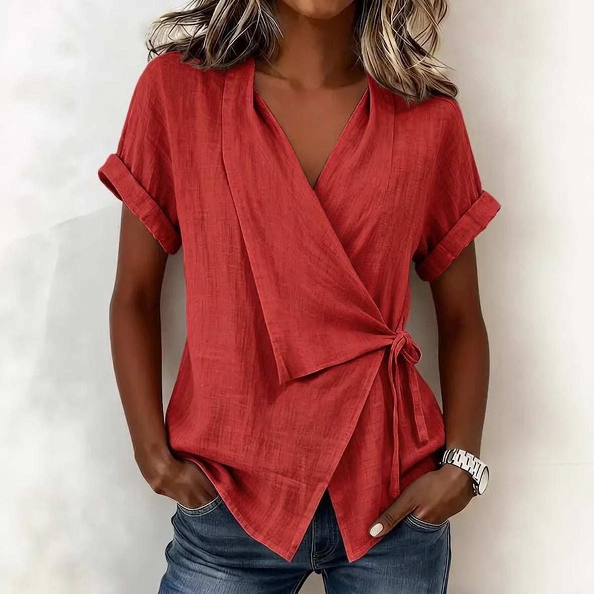 Camille Rousseau | Linen Wrap Blouse with Tie Waist