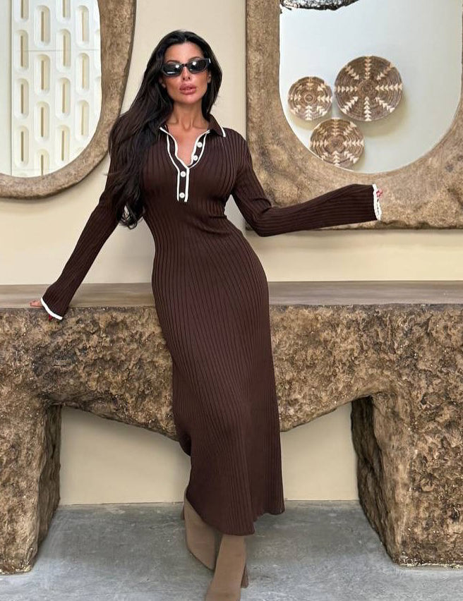 Penelope Hughes | Ribbed Knit Contrast Collar Sweater Dress
