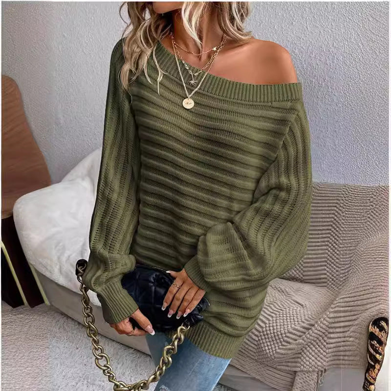 Matilda Green | Off-Shoulder Ribbed Knit Sweater