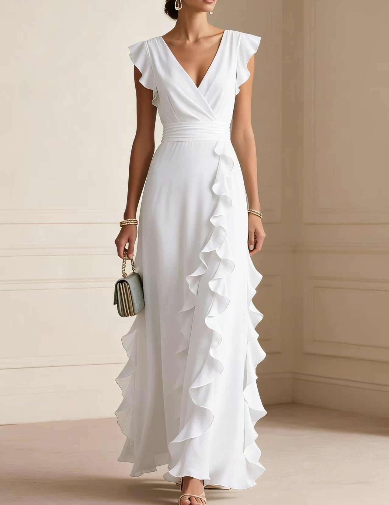 Rosie Griffiths | Sage Ruffle Maxi Dress with V-Neckline
