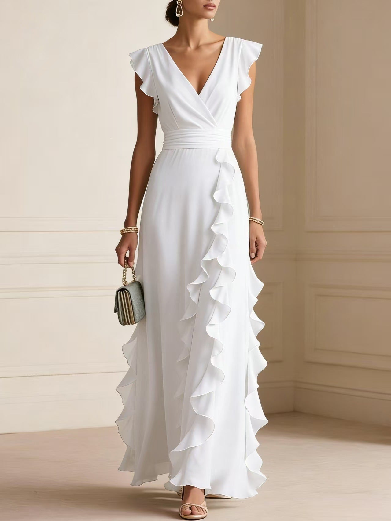 Rosie Griffiths | Sage Ruffle Maxi Dress with V-Neckline