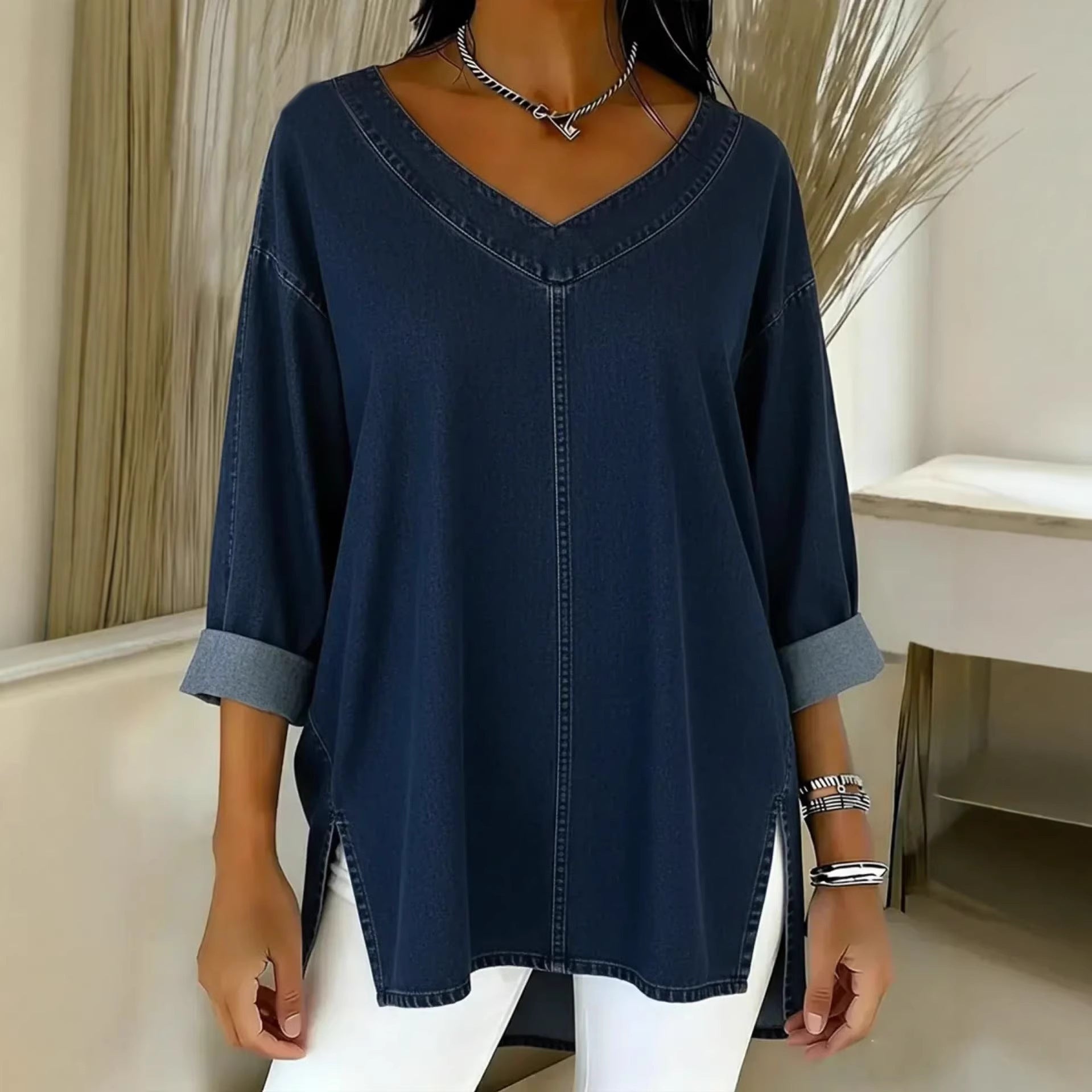 Saoirse Callahan | Washed Denim V-Neck Tunic Top with Side Splits