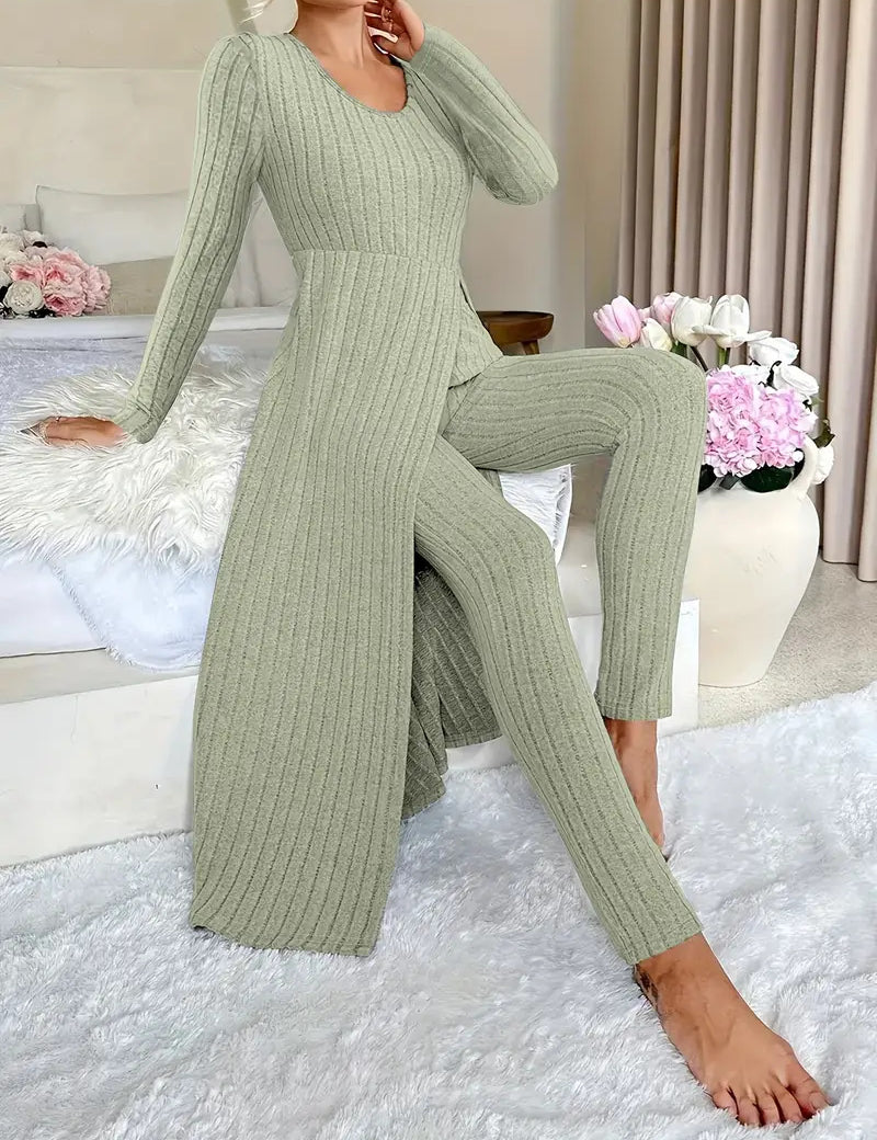Clementine Kingsley | Ensemble cardigan long en maille côtelée et pantalon