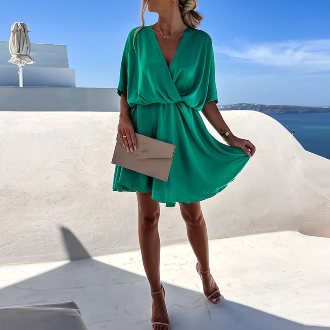 Lucia Fervante | Flowy Wrap Mini Dress in Sage Green with Draped Waist