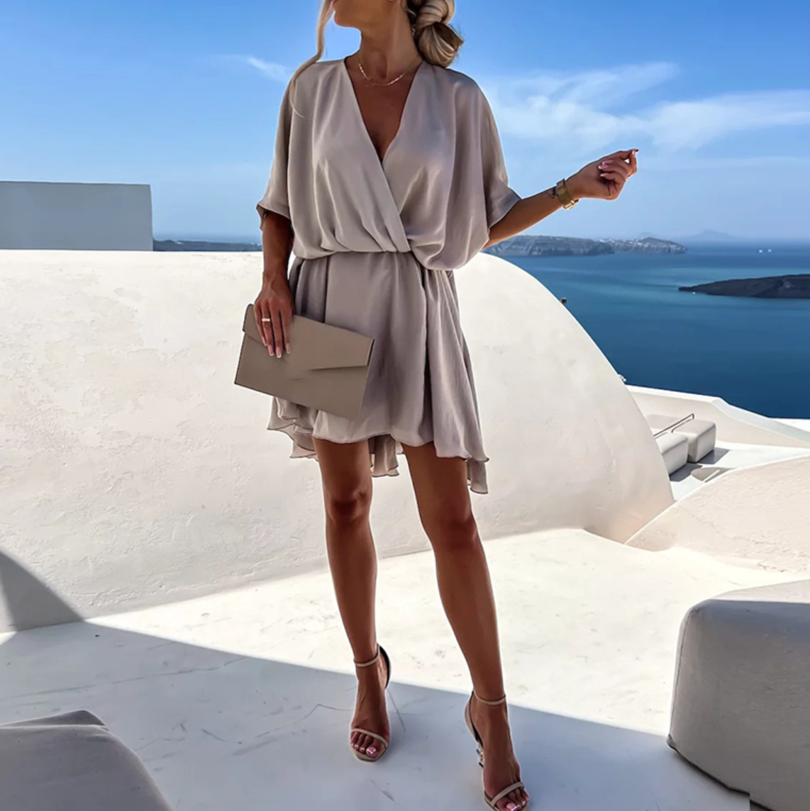 Lucia Fervante | Flowy Wrap Mini Dress in Sage Green with Draped Waist