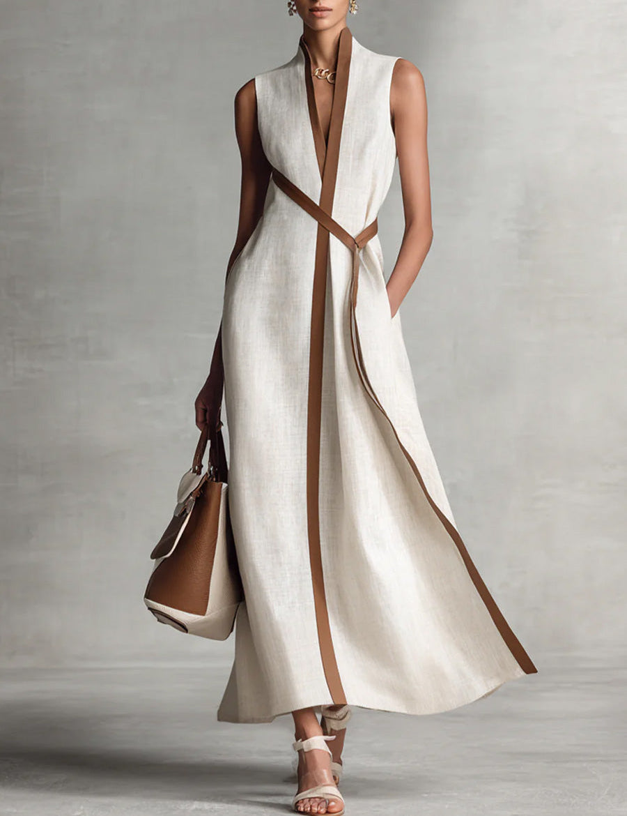 Aurelia Voss | Sleeveless Maxi Dress with Contrast Trim & Waist Tie