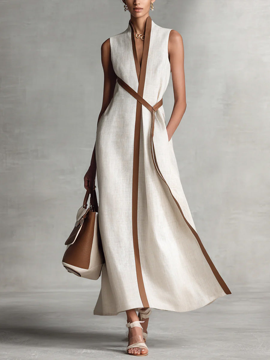 Aurelia Voss | Sleeveless Maxi Dress with Contrast Trim & Waist Tie