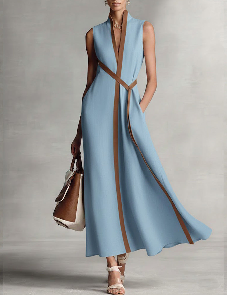 Aurelia Voss | Sleeveless Maxi Dress with Contrast Trim & Waist Tie
