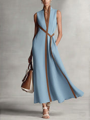 Aurelia Voss | Sleeveless Maxi Dress with Contrast Trim & Waist Tie
