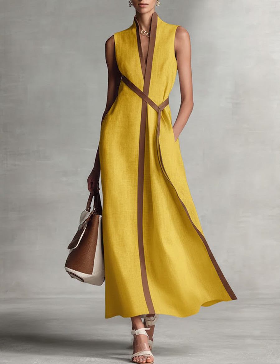 Aurelia Voss | Sleeveless Maxi Dress with Contrast Trim & Waist Tie