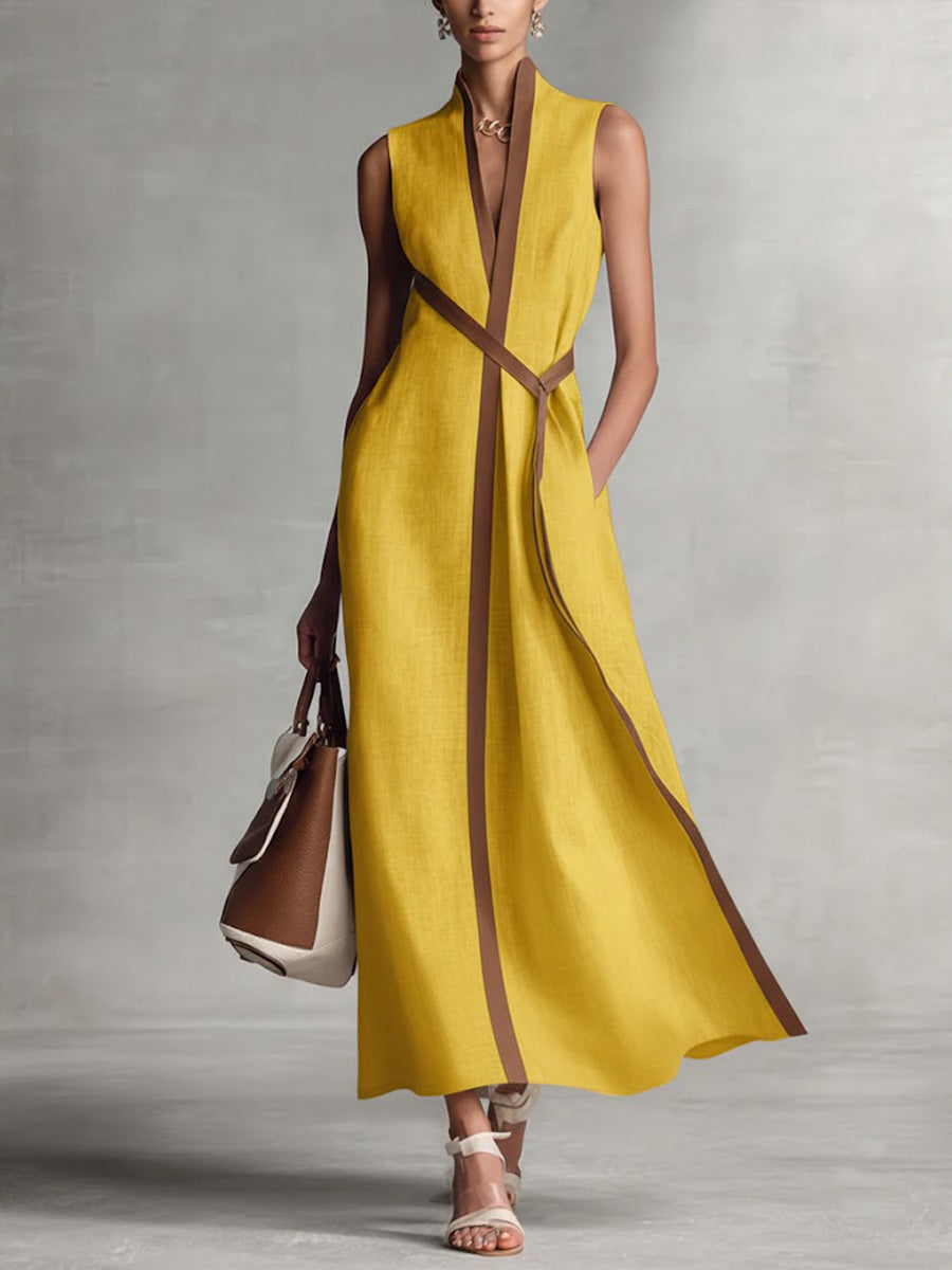 Aurelia Voss | Sleeveless Maxi Dress with Contrast Trim & Waist Tie