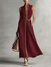 Aurelia Voss | Sleeveless Maxi Dress with Contrast Trim & Waist Tie