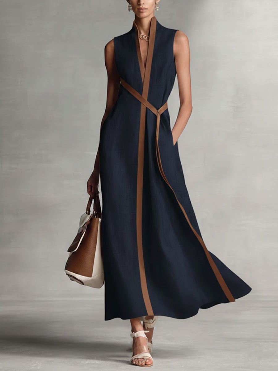 Aurelia Voss | Sleeveless Maxi Dress with Contrast Trim & Waist Tie