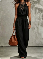 Cecily Adams | Halter Neck Wide-Leg Jumpsuit with Smocked Waist