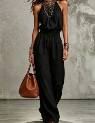 Cecily Adams | Halter Neck Wide-Leg Jumpsuit with Smocked Waist