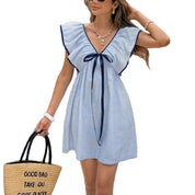 Fleur Beaumont | V-Neck Ruffle Flutter-Sleeve Mini Dress with Bow