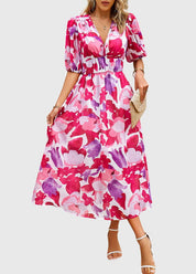 Beatrice Sandford | Floral V-Neck Midi Dress With Smocked Waist