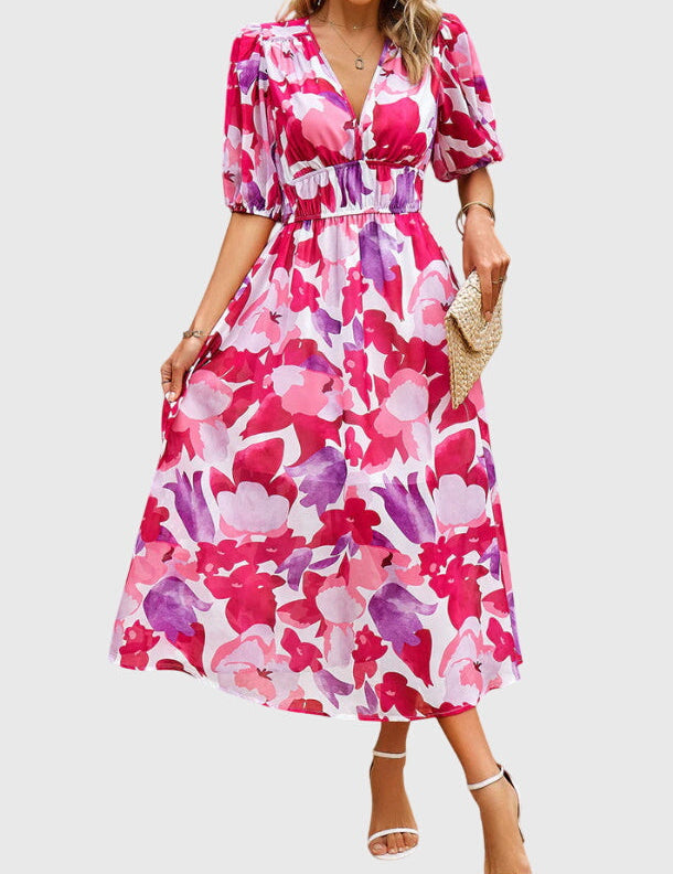 Beatrice Sandford | Floral V-Neck Midi Dress With Smocked Waist