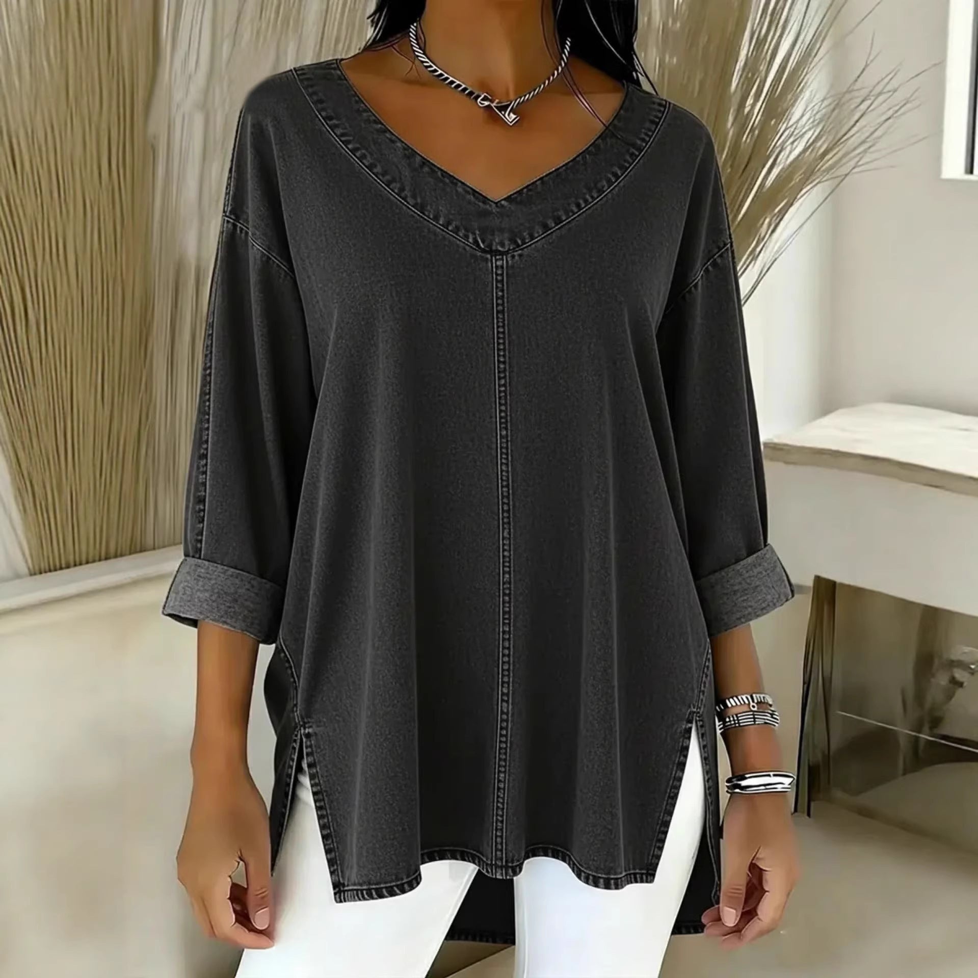 Saoirse Callahan | Washed Denim V-Neck Tunic Top with Side Splits