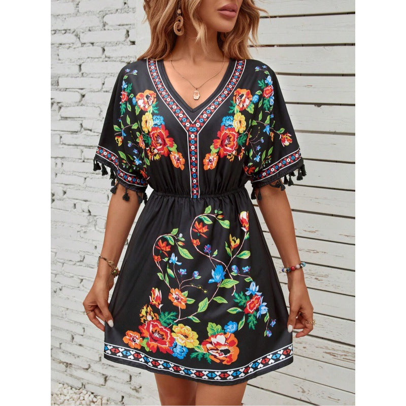 Esmeralda Fuentes | Bohemian Floral Print Mini Dress with Tassel Trim