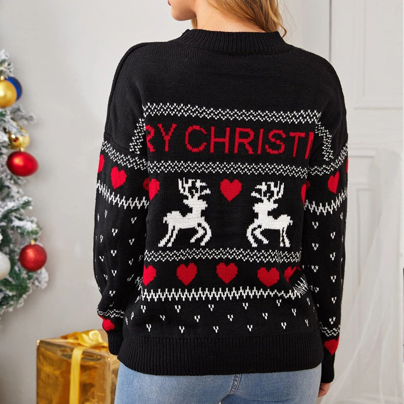 Winter Fawn | Pull de Noël à motif jacquard cerf noir pour femmes