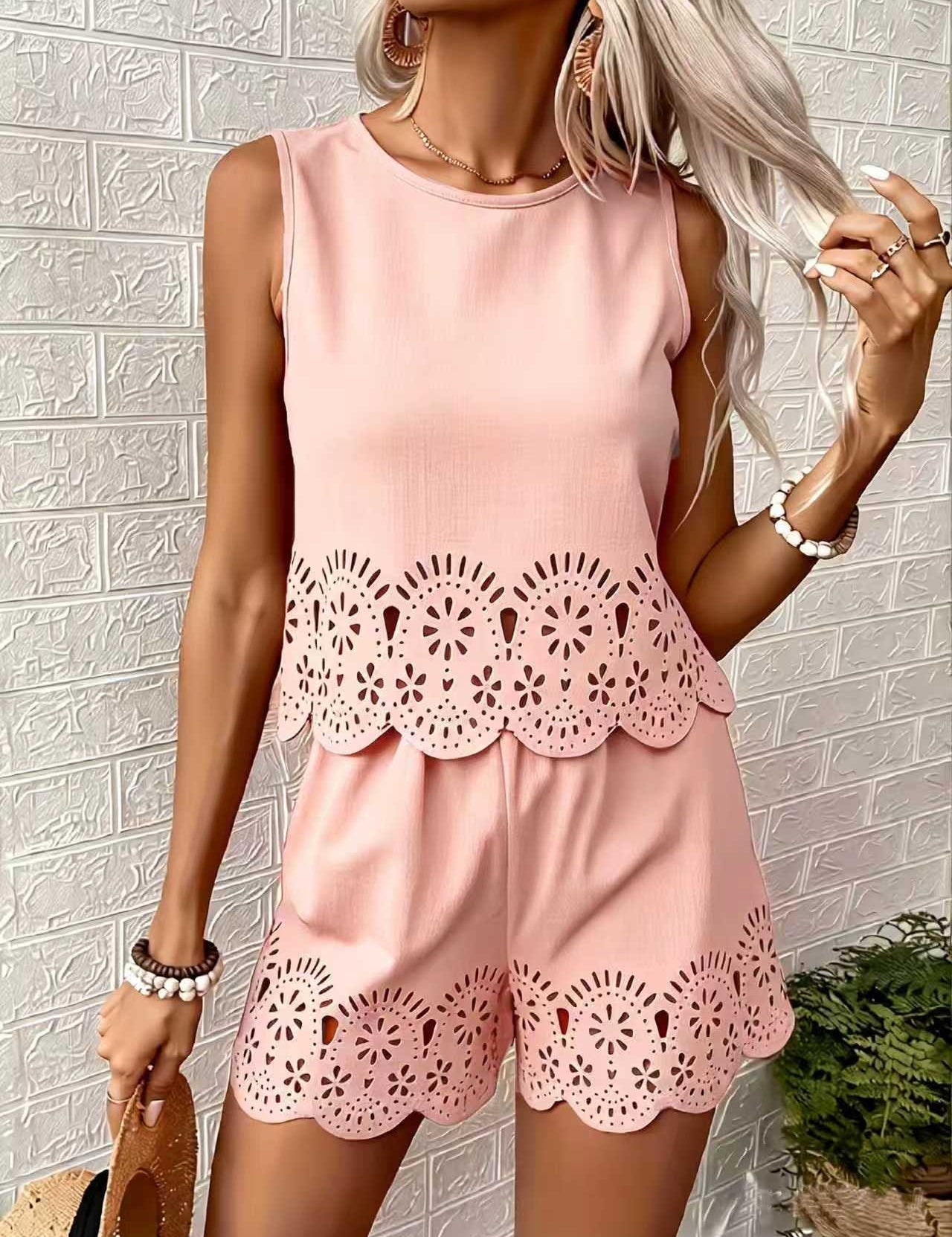 Isabeau Leclaire | Eyelet Hollow-Out Tank & Shorts Set — Butter Yellow