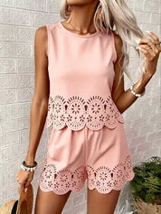 Isabeau Leclaire | Eyelet Hollow-Out Tank & Shorts Set — Butter Yellow