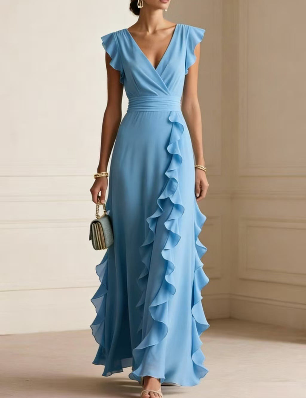 Rosie Griffiths | Sage Ruffle Maxi Dress with V-Neckline
