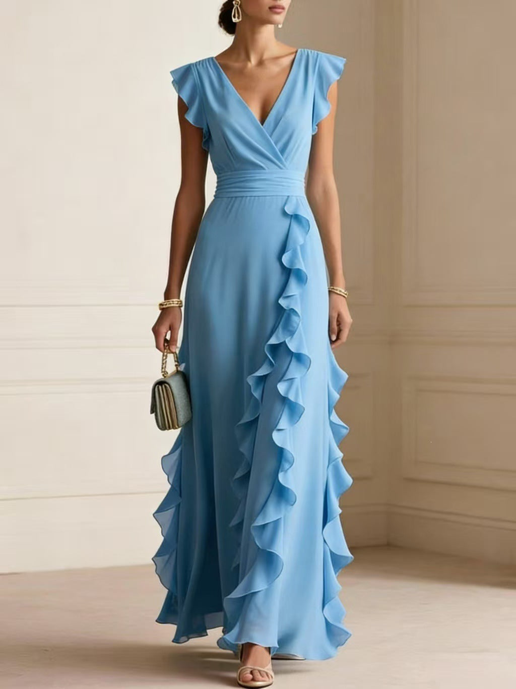 Rosie Griffiths | Sage Ruffle Maxi Dress with V-Neckline