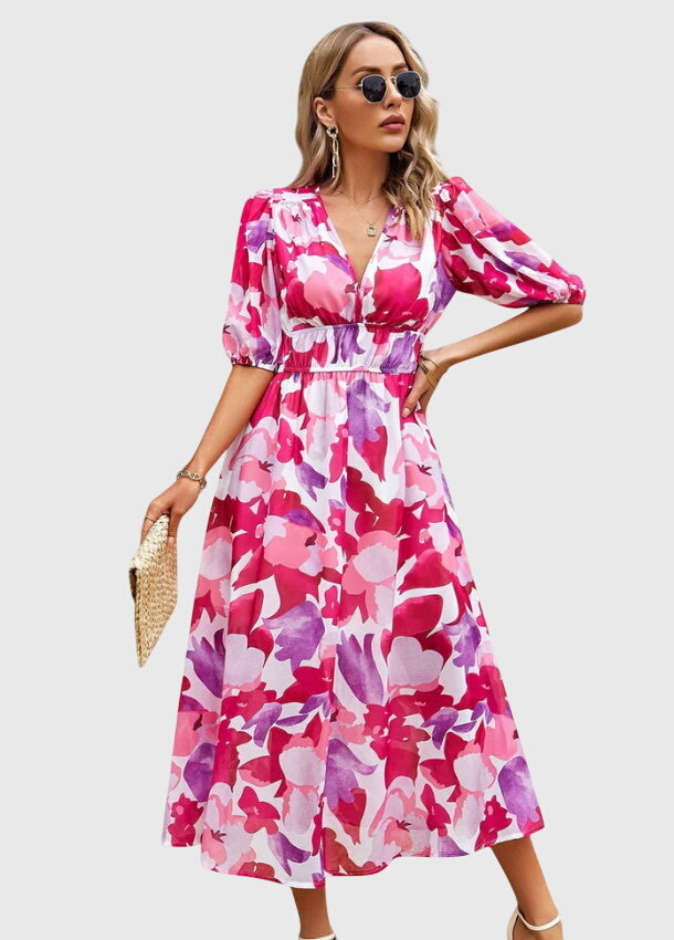Beatrice Sandford | Floral V-Neck Midi Dress With Smocked Waist