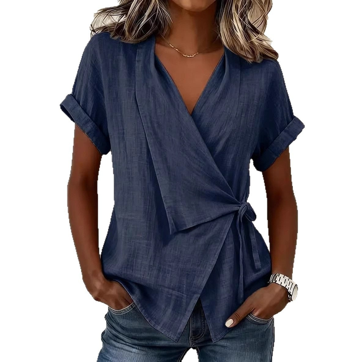 Camille Rousseau | Linen Wrap Blouse with Tie Waist