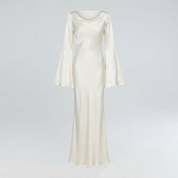 Beatrice Holloway | Ivory Satin Maxi Dress with Fluted Sleeves