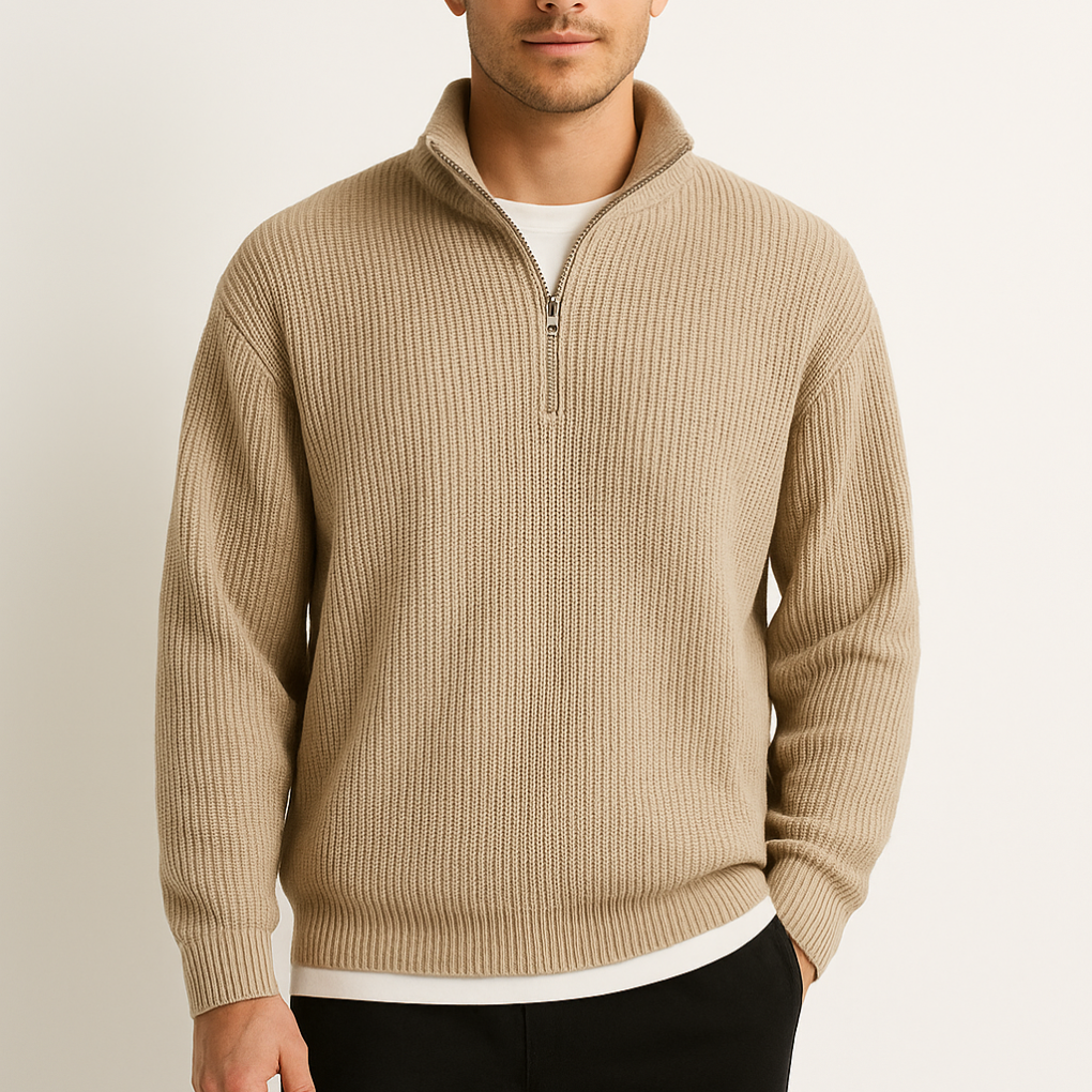 James Whitmore | Pull en maille côtelée à demi-zip pour homme, bleu marine